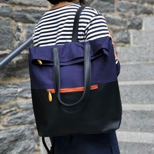 Vegan Leather Backpack Purse - Navy & Black